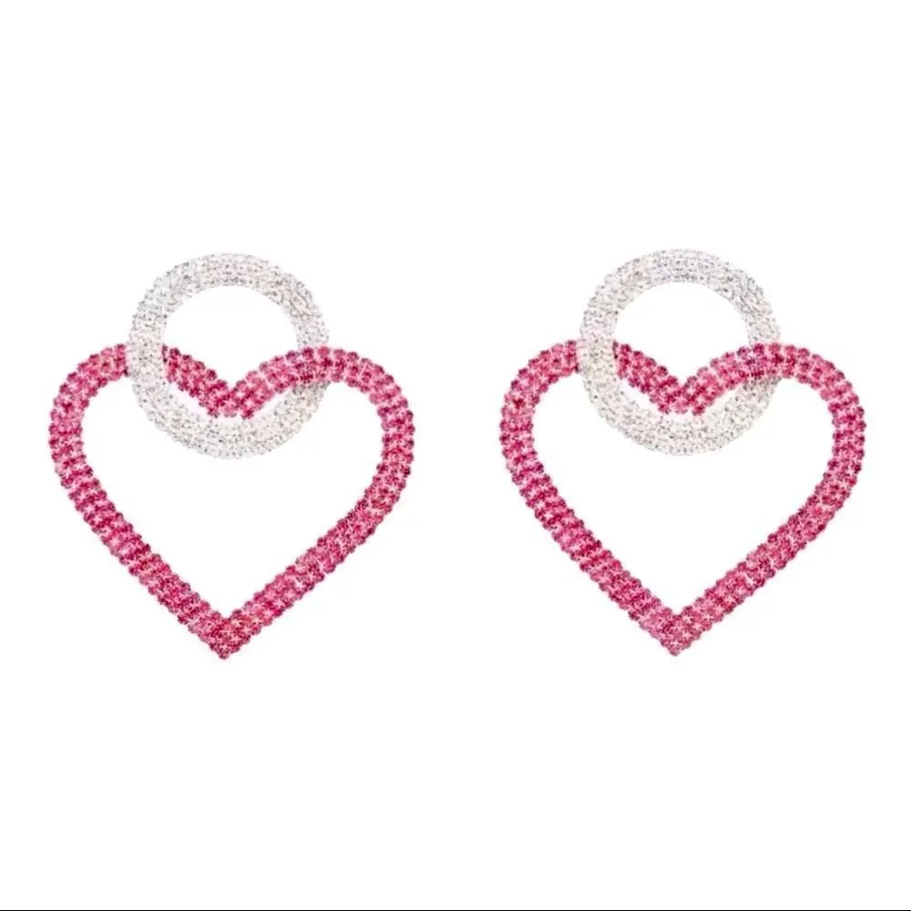 Big Pink Crystal Hearts White Circular Dangle Statement Earrings NEW